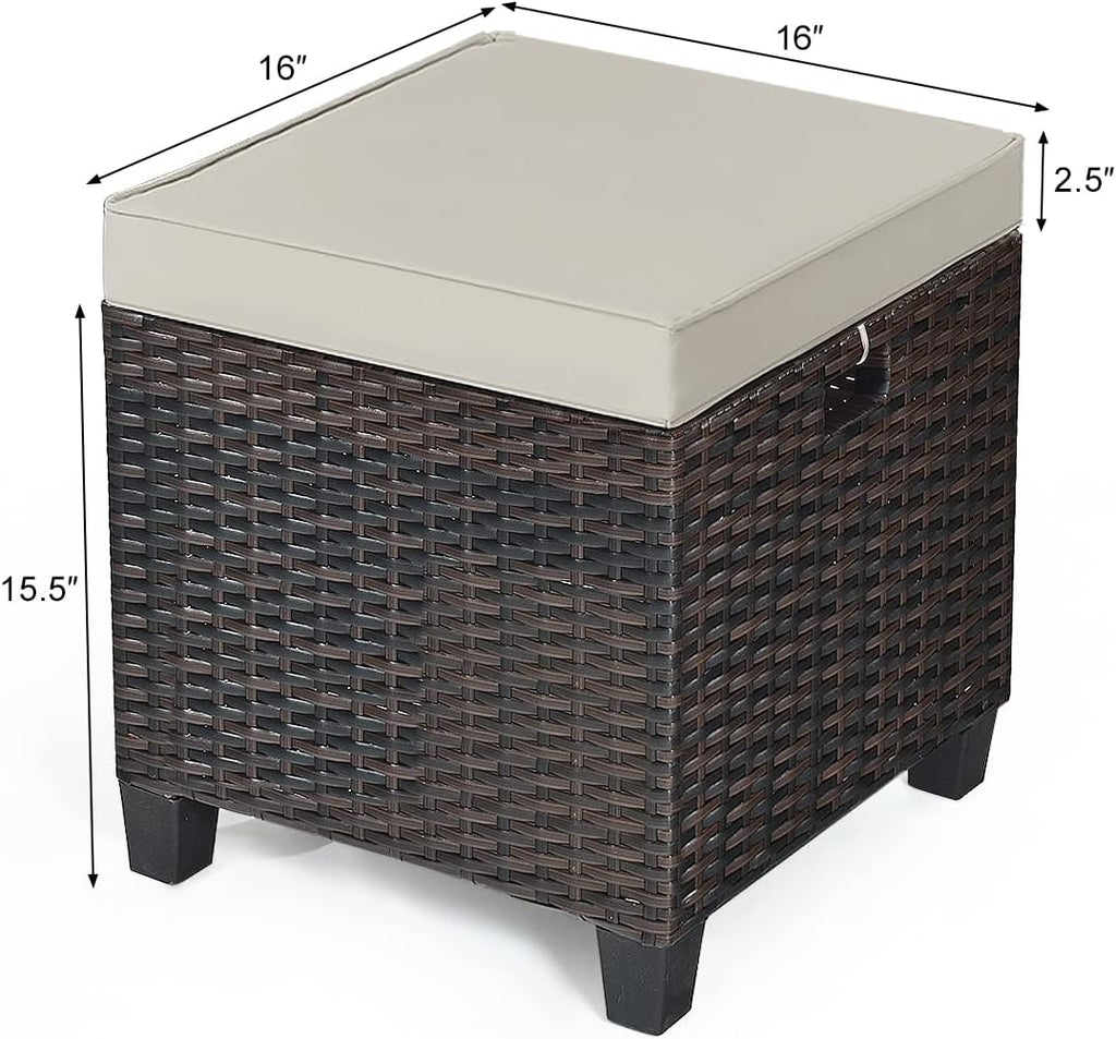 Patio Ottoman Outdoor Rattan Wicker Ottoman Seat, 2 Pieces All Weather Footstool Footrest Seat with Removable Cushions, Outdoor Ottoman Set for Patio, Porch, Poolside (Brown)