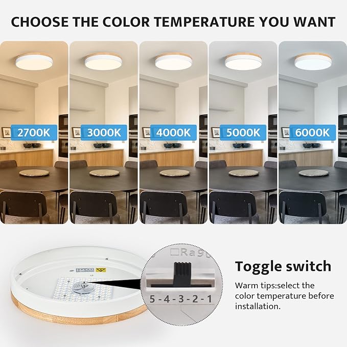 Modern Dimmable LED Close to Ceiling Light Minimalist Wood Oak Flush Mount Ceiling Light Fixture Circle Lighting with Lampshade for Bedroom Living Room Bathroom Laundry Room (White, 15.7'')