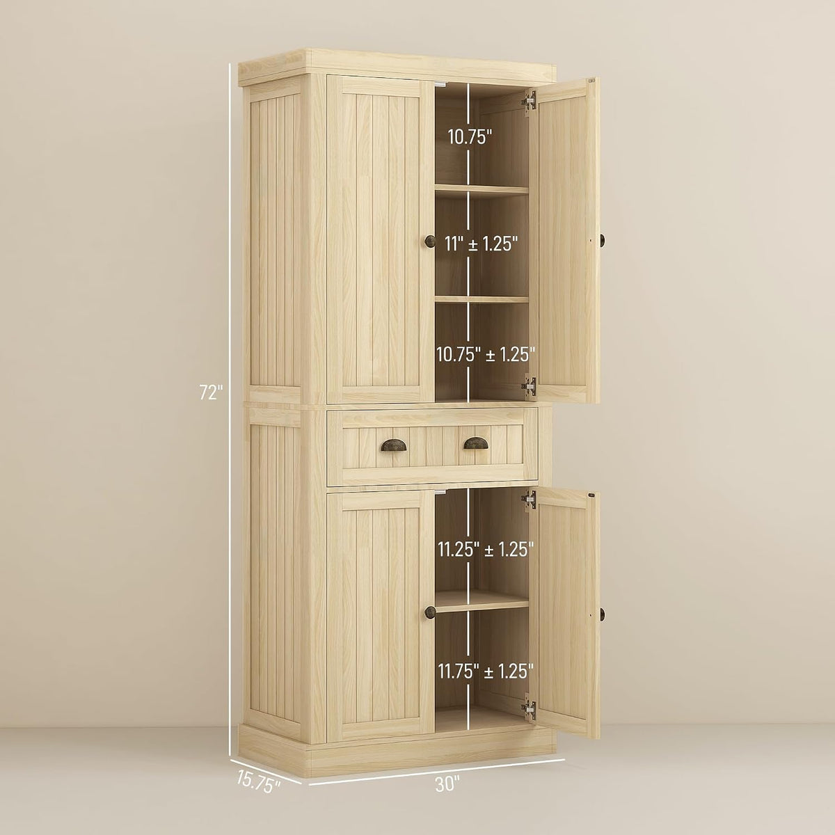 72" Farmhouse Kitchen Pantry Cabinet, Freestanding Tall Storage Cabinet with 4 Soft-Close Doors, 2 Adjustable Shelves and Drawer for Dining Room, Natural Wood