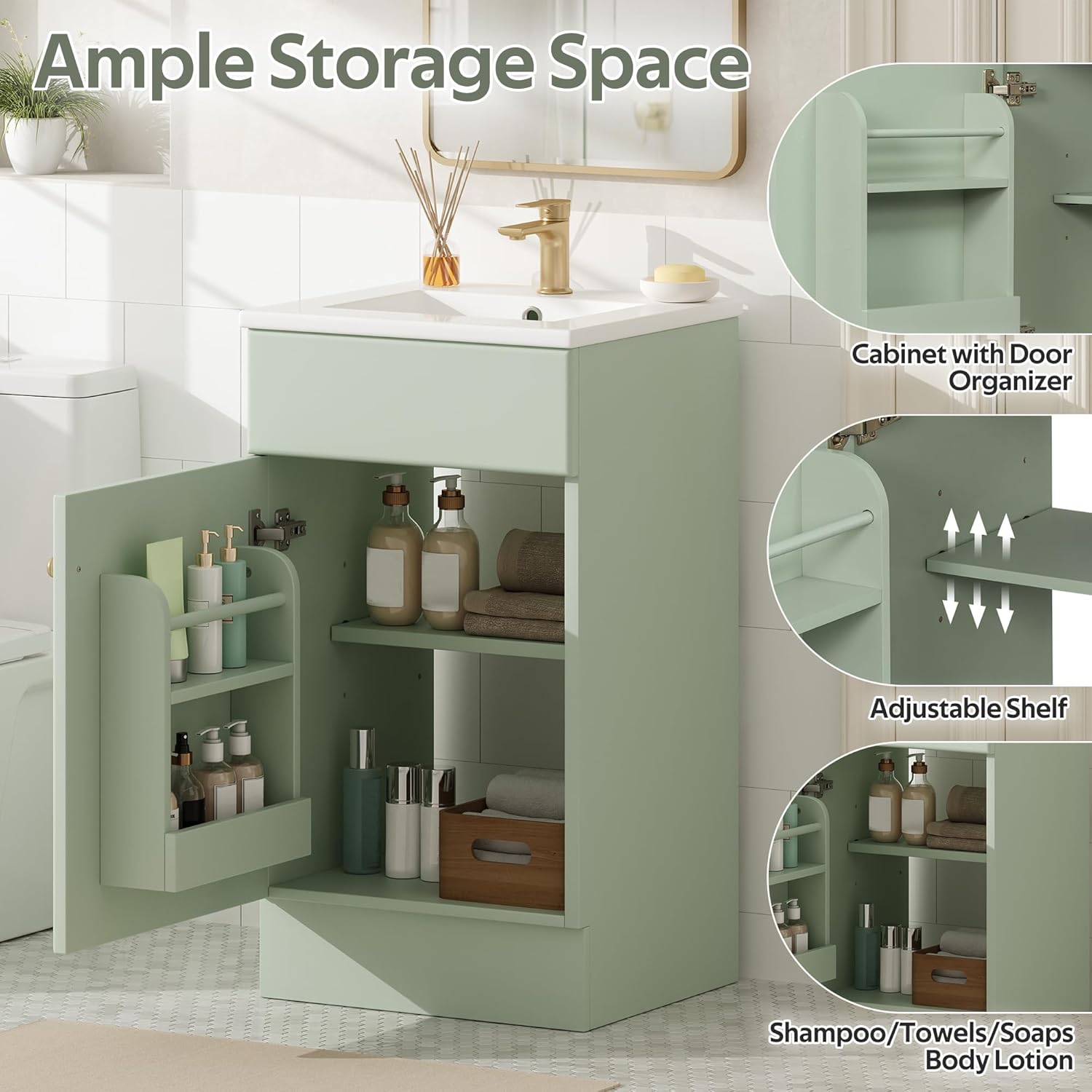 JIVOIT 18" Bathroom Vanity with Ceramic Sink, Vanity Cabinet with Door Shelf& Storage Rack & Adjustable Shelf, Soft Closing Door, Single Vanity Set for Small Bathroom
