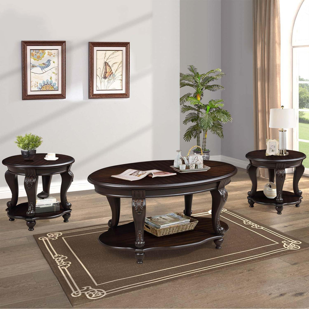 Round End Table for Living Room, Solid Wood Sofa Side Table with Shelf, Retro Corner Table for Office Small Space (22" W x 19.5" D x 20.5" H, Espresso)