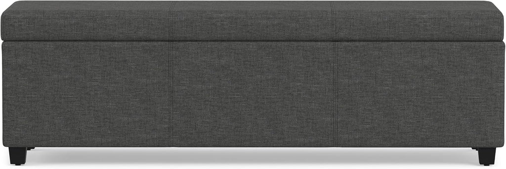 SIMPLIHOME Avalon 54" Wide Linen Look Fabric Storage Ottoman in Slate Grey | Contemporary lift-top ottoman with high-density foam; rectangle storage bench or coffee table for living room or entryway.