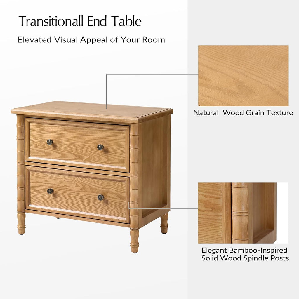 HULALA HOME 26" Solid Wood End Table with Spindle Legs, 2 Drawer Accent Table with Built-in Charging Station, Refined Transitional Style(Oak, Set of 2)
