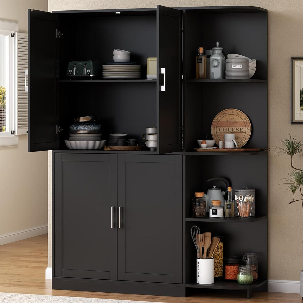 Loomie Kitchen Pantry Storage Cabinet, 64" Tall Freestanding Cupboard | Food Pantry Cabinet with Doors & Adjustable Shelves & 5-Tier External Shelf for Dining Room (Black)