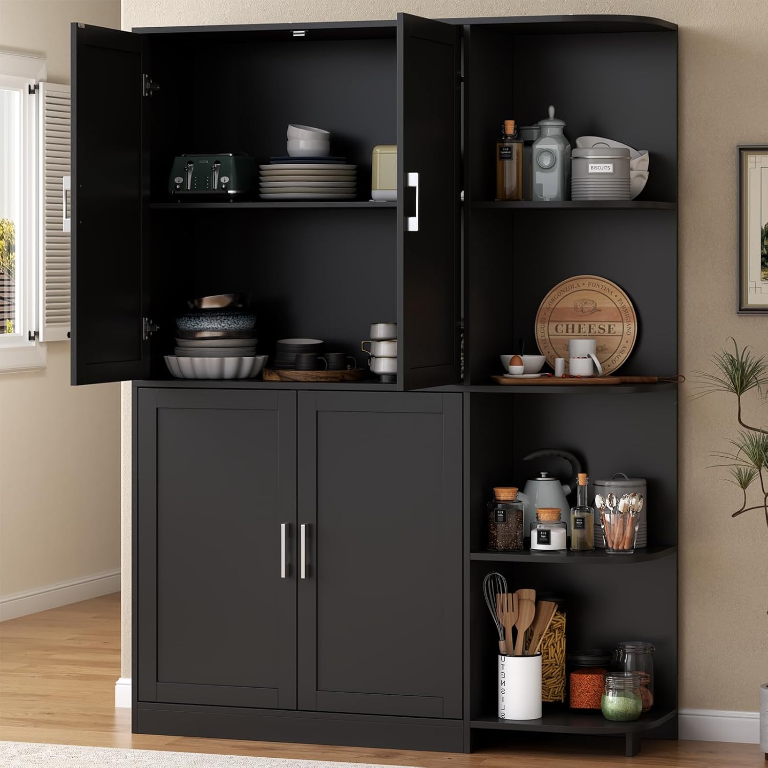 Loomie Kitchen Pantry Storage Cabinet, 64" Tall Freestanding Cupboard | Food Pantry Cabinet with Doors & Adjustable Shelves & 5-Tier External Shelf for Dining Room (Black)