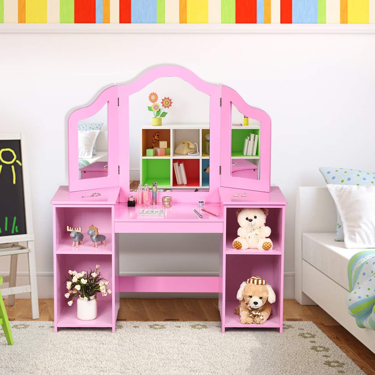 Costzon Kids Vanity, 2 in 1 Princess Makeup Desk Dressing Table with Detachable Top, Toddler Vanity with Tri-fold Mirror & Storage Shelves, Vanity Set for Little Girls, Pink