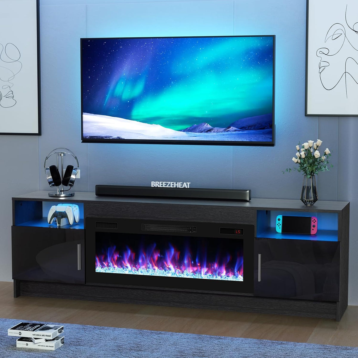 BREEZEHEAT Electric Fireplace TV Stand with 36 inch Fireplace Up to 80" TVs-Led Entertainment Center with High Glossy Doors-70 inch TV Cabinet, Modern Media Console for Living Room(Black)