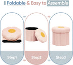 Flower Boucle Storage Ottoman, 12.6" Small Footstool with Padded Seat, Folding Sherpa Foot Rest for Sofa, Floral Accent Side Table for Living Room, Bedroom, Dorm, Pink