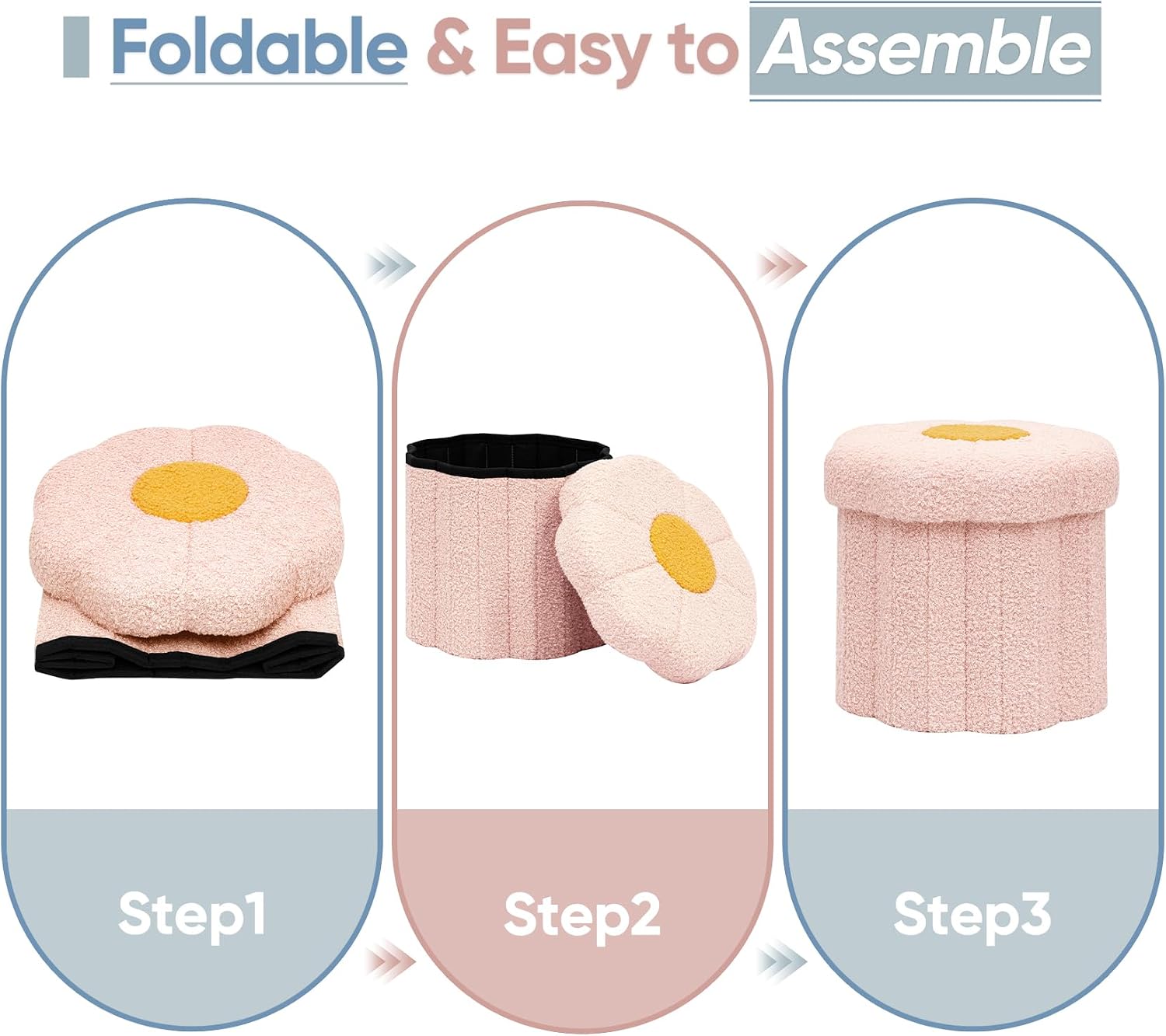 Flower Boucle Storage Ottoman, 12.6" Small Footstool with Padded Seat, Folding Sherpa Foot Rest for Sofa, Floral Accent Side Table for Living Room, Bedroom, Dorm, Pink