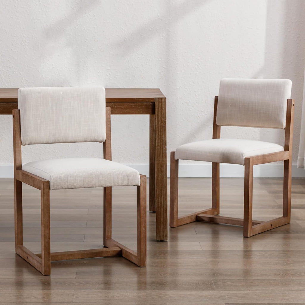 DUOMAY Mid-Century Linen Dining Chairs Set of 2, Beige | Modern Upholstered Seat With Sturdy Wood Legs Comfortable Side Chairs For Kitchen Dining Room And Living Area
