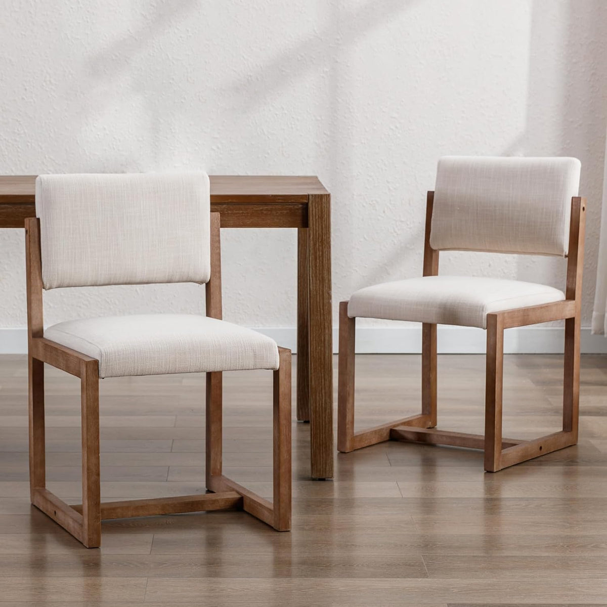 DUOMAY Mid-Century Linen Dining Chairs Set of 2, Beige | Modern Upholstered Seat With Sturdy Wood Legs Comfortable Side Chairs For Kitchen Dining Room And Living Area