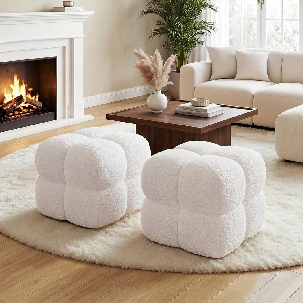 Zesthouse Square Pouf Ottomans Set of 2, Modern Backless Vanity Stool for Bedroom, White Fuzzy Foot Rest for Couch, Upholstered Tufted Footstool, Sherpa Fabric Ottoman Coffee Table for Living Room