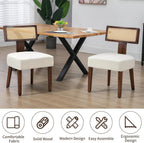 Rattan Dining Chairs Set of 2, Farmhouse Kitchen Chair with Cane Back & Wood Frame in Walnut Finish, Beige Linen Upholstered