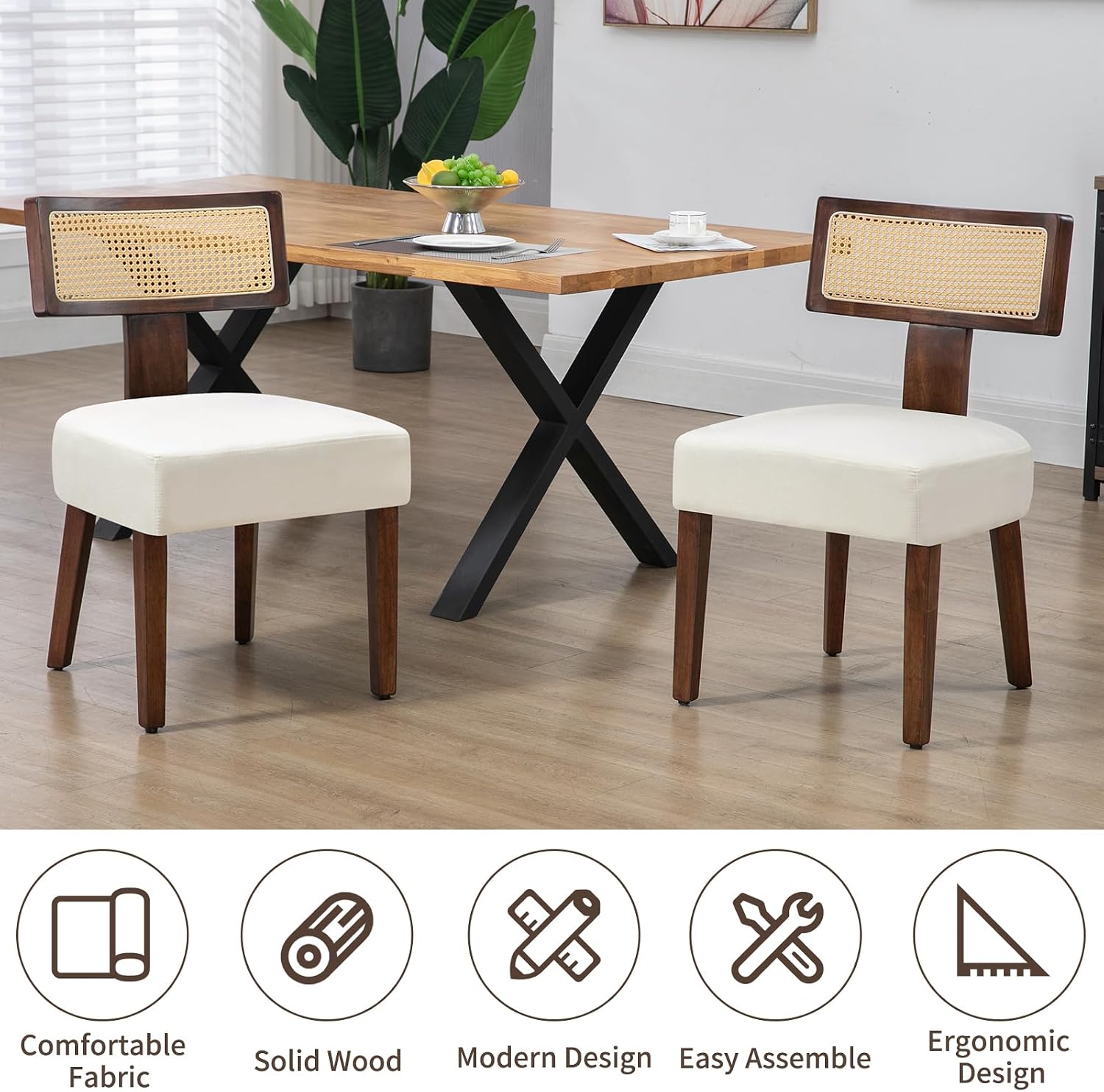 Rattan Dining Chairs Set of 2, Farmhouse Kitchen Chair with Cane Back & Wood Frame in Walnut Finish, Beige Linen Upholstered