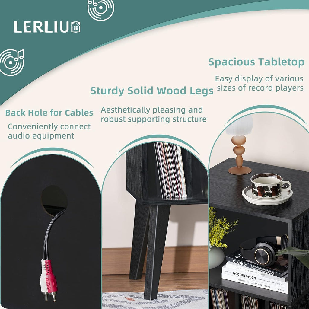 Lerliuo Record Player Stand, Black Turntable Stand Holds up to 160 Albums | Mid-Century Vinyl Storage Cabinet Table,Solid Wood Legs, Record Player Holder Dispaly Shelf for Bedroom Living Room