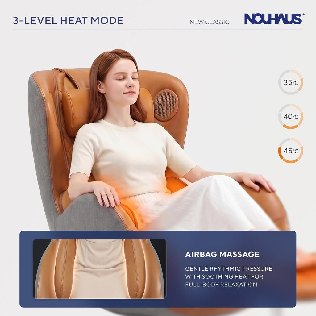 NOUHAUS Heated Classic Massage Chair Full Body and Spot Massaging Recliner with Ottoman, Bluetooth Speaker, in-Chair Charger. Portable Shiatsu Body Massager Chair (Caramel, Leather)