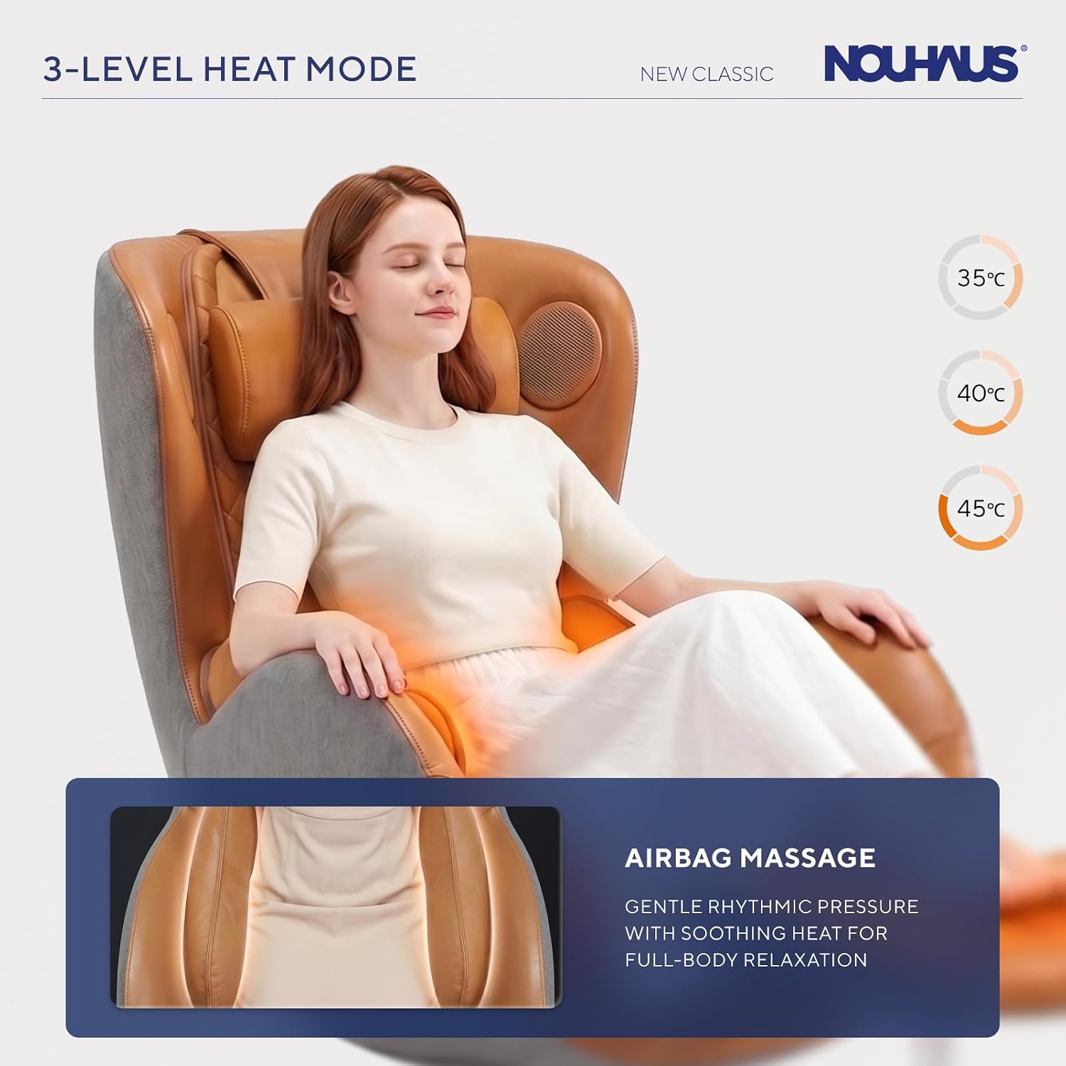 NOUHAUS Heated Classic Massage Chair Full Body and Spot Massaging Recliner with Ottoman, Bluetooth Speaker, in-Chair Charger. Portable Shiatsu Body Massager Chair (Caramel, Leather)