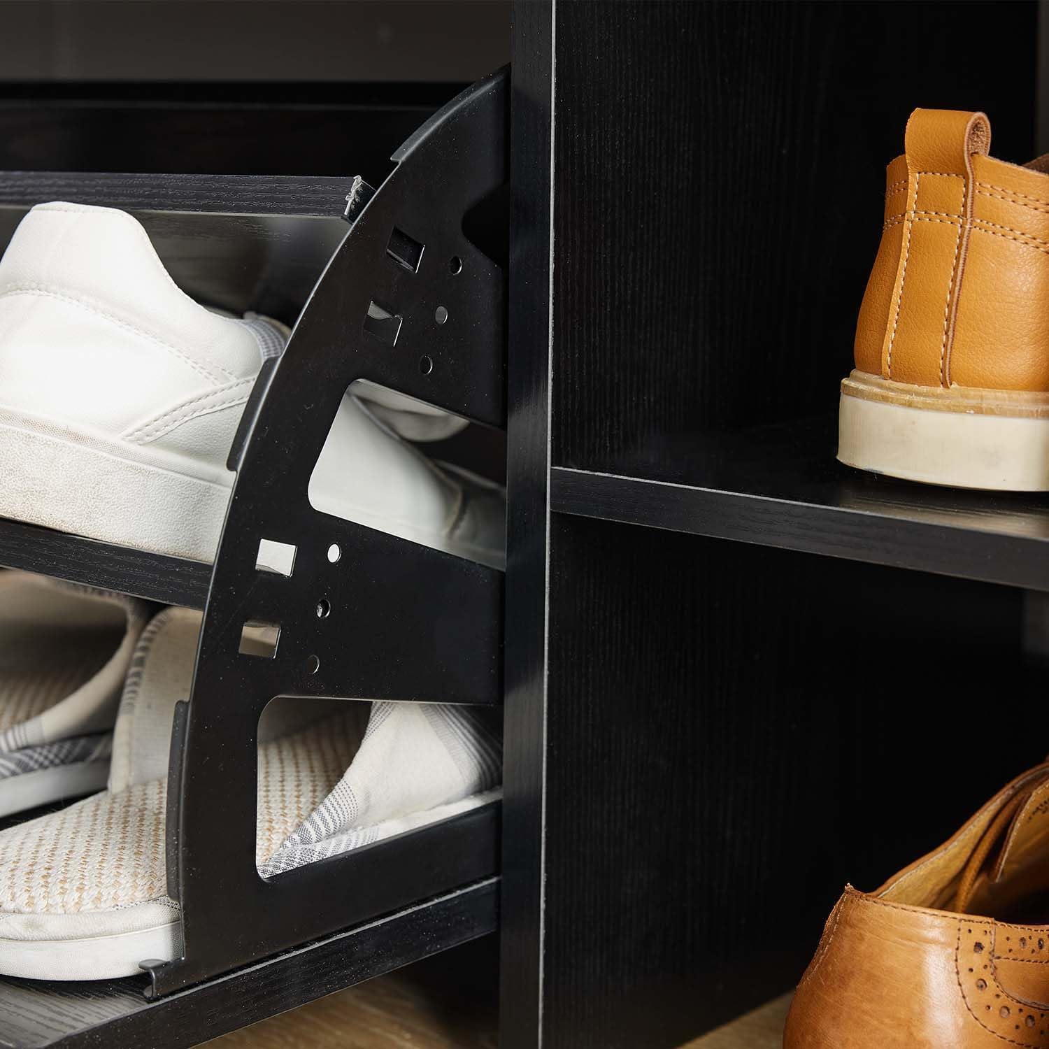 Shoe Storage Bench with Flip Drawers, Entryway Shoe Cabinet with Adjustable Shelves & Padded Seat Cushion, Shoe Organizer Storage Bench with Lift Top Storage for Hallway, Bedroom, Black