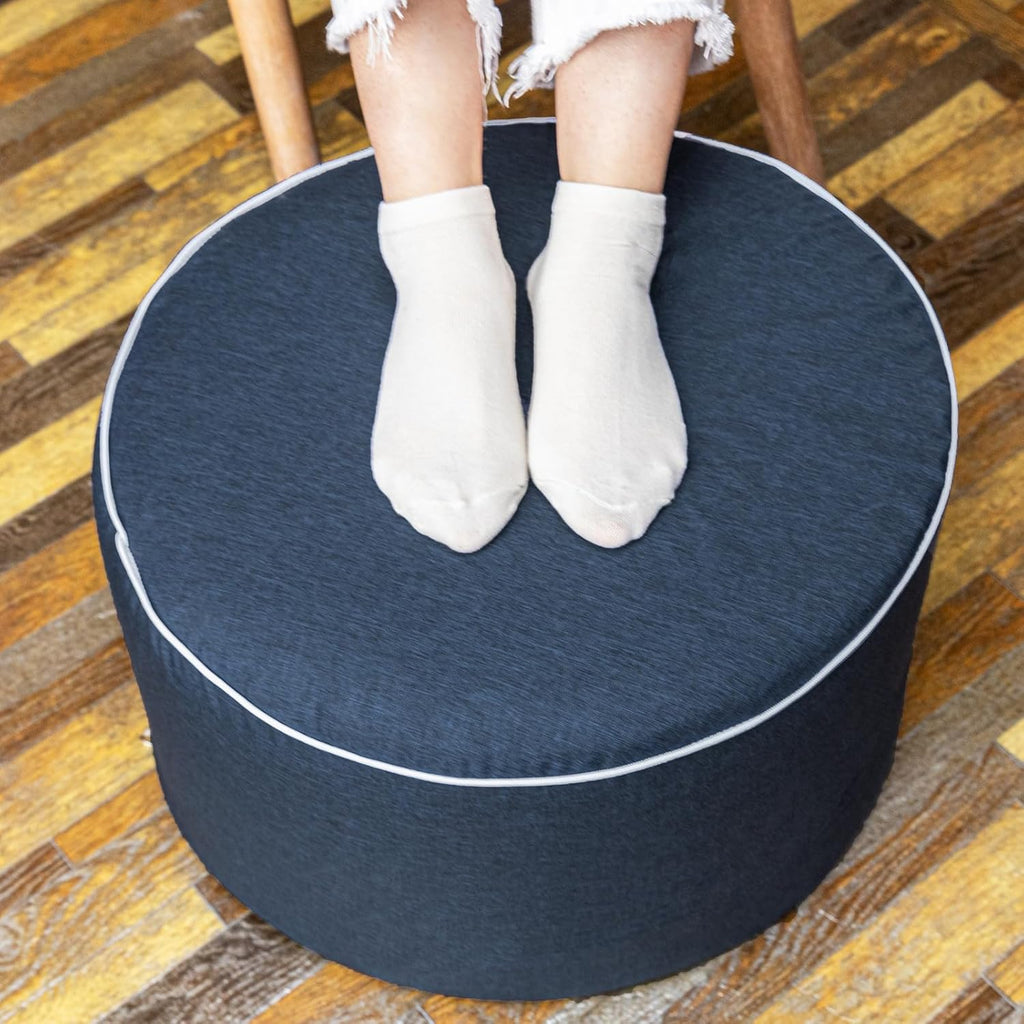 Outdoor Ottomans for Patio Pouf Waterproof Fade-Resistant Ottoman Foot Rest for Outdoor - Ottoman Chair Filled with High-Density All-in-One Foam, 20" D x 14" H Inches (Navy Blue, Round)