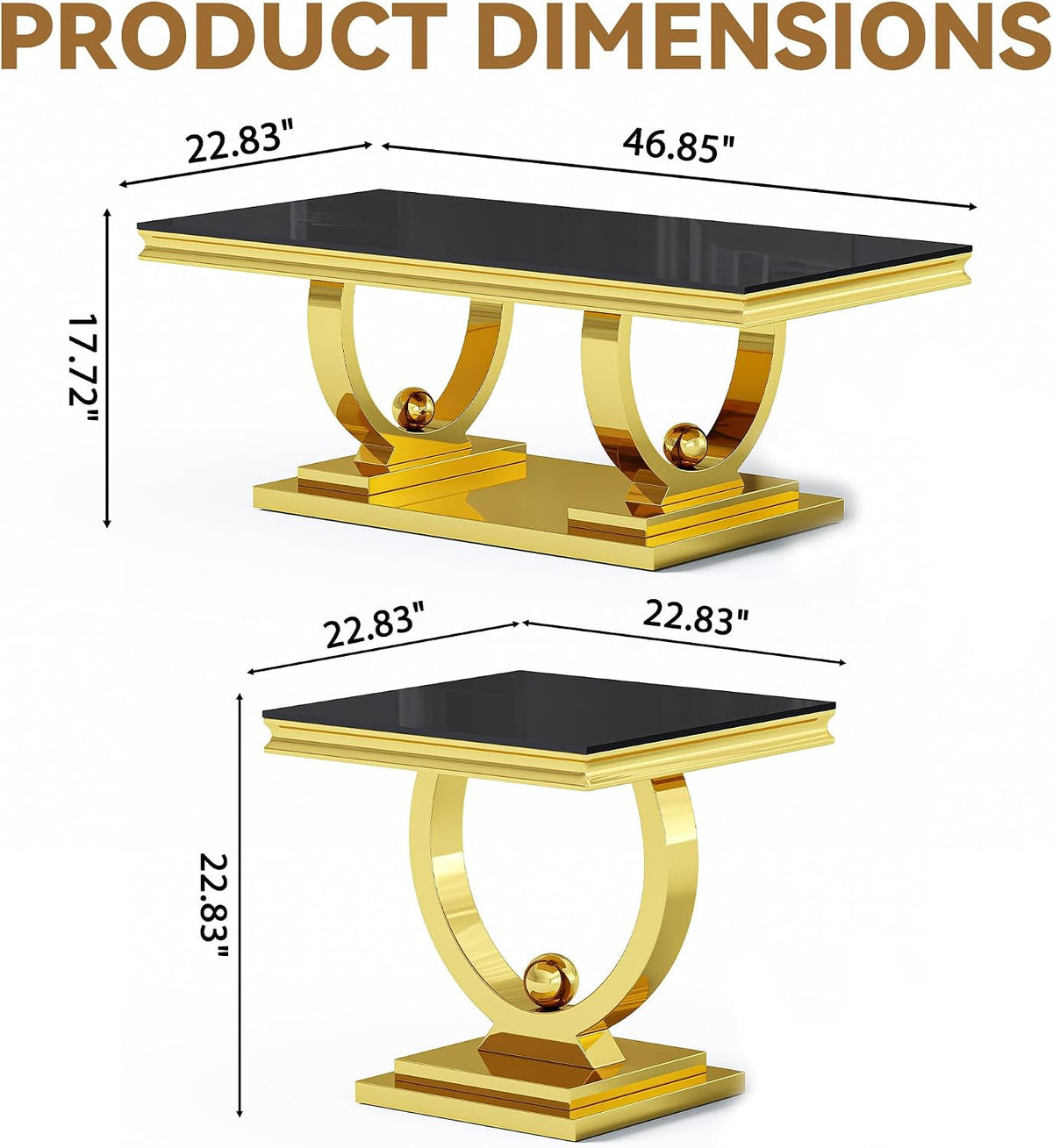 Coffee Table Set of 3, Coffee Table and 2 End Table, Gold/Black | Modern Living Room Table Set of 3, Tempered Glass Top, Stainless Steel Base with Mirror Finish, Easy to Clean & Assembly