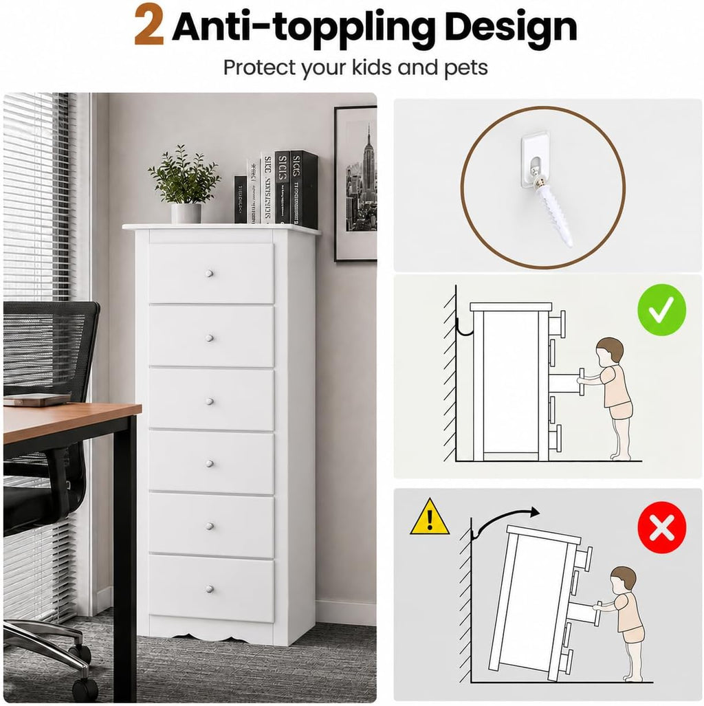 POWERSTONE 6-Drawer Storage Cabinet, 53 Inch Tall Wooden File Cabinet with Metal Pull Handles, Multi-Functional Office Supplies Organizer for Home Office, Living Room, Hallway, Entryway, White