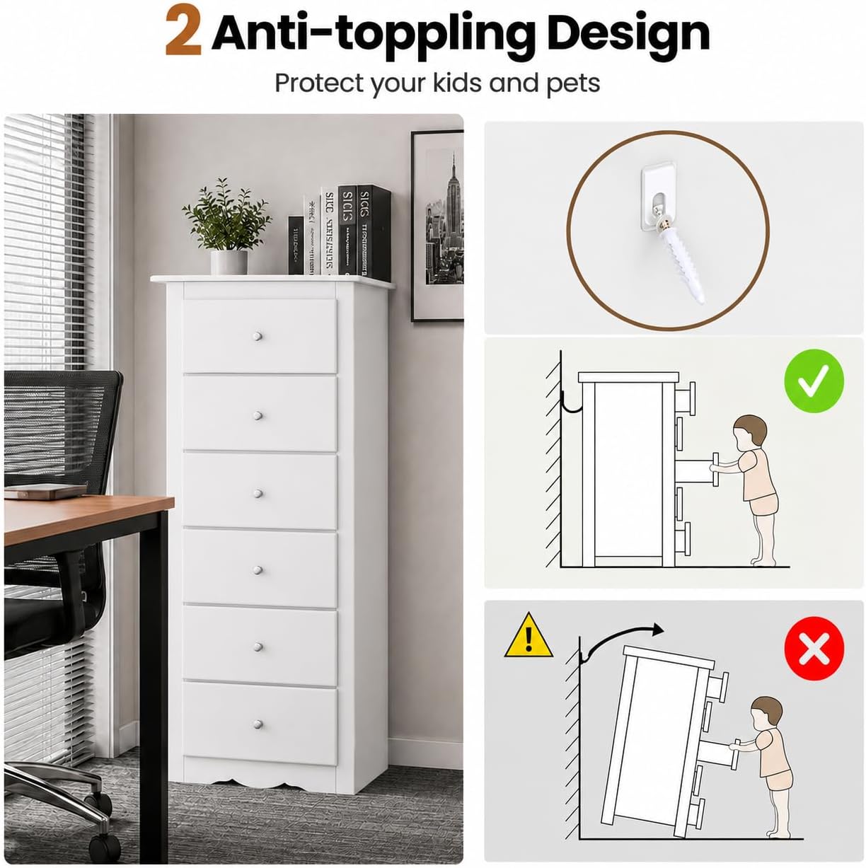 POWERSTONE 6-Drawer Storage Cabinet, 53 Inch Tall Wooden File Cabinet with Metal Pull Handles, Multi-Functional Office Supplies Organizer for Home Office, Living Room, Hallway, Entryway, White