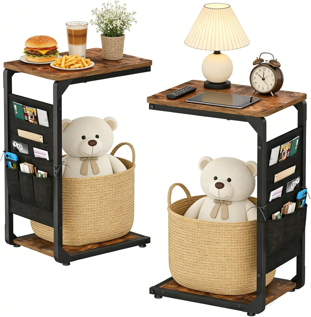 Wood Pedestal Couch End Tables Set of 2, TV Trays for Eating on Couch Tables that Slide Under, Dinner Snack Coffee Sofa C Shaped Side Table, Small Stand TV Tray for Couches Living Room, Brown ET-P-BR2