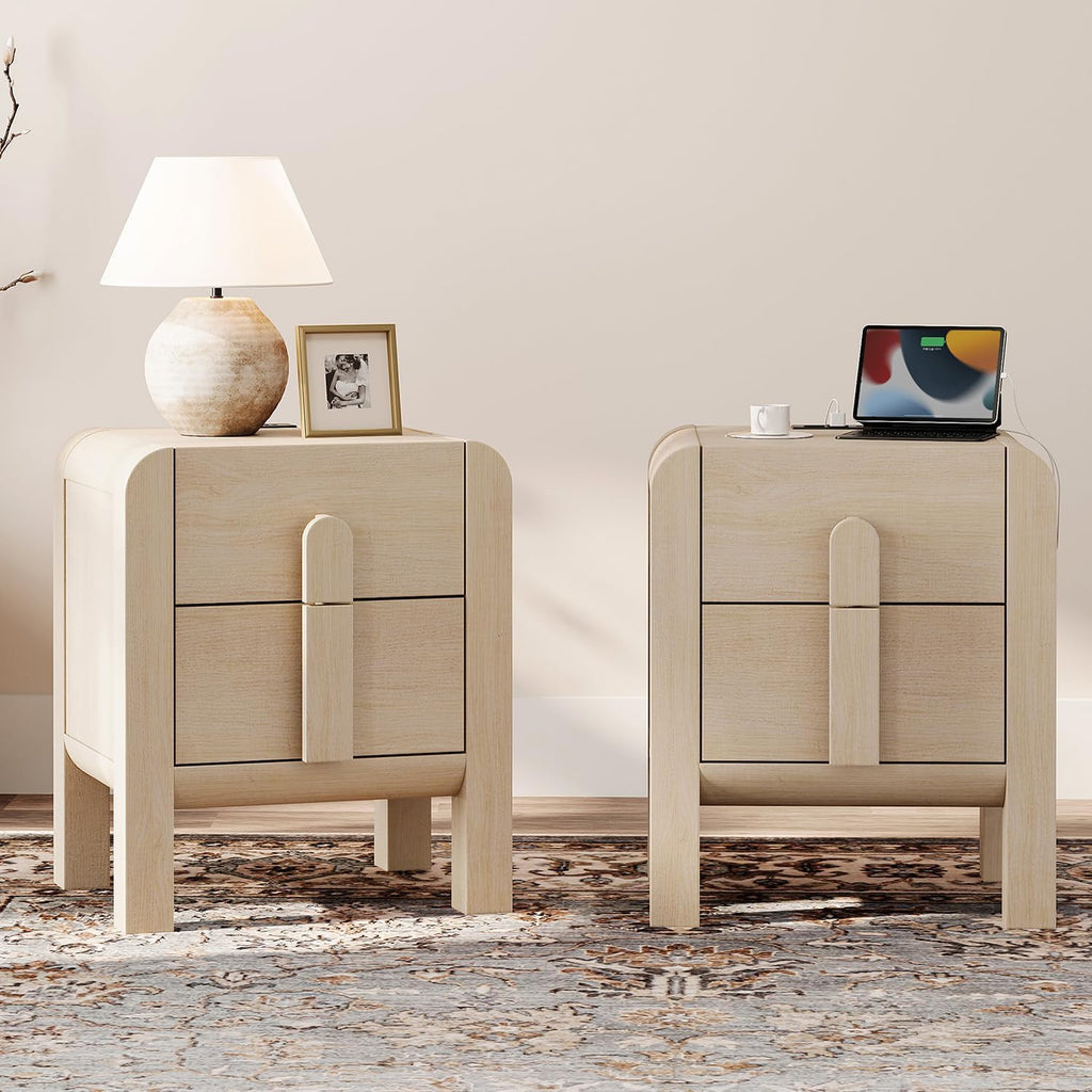 WAMPAT 23.7" Tall Beige Nightstands Set of 2, Modern Mid Century End Table with Charging Station, Wood Bedside Table w/2 Storage Drawers, Side Table Bedside Cabinet for Bedroom,Living Room，Beige