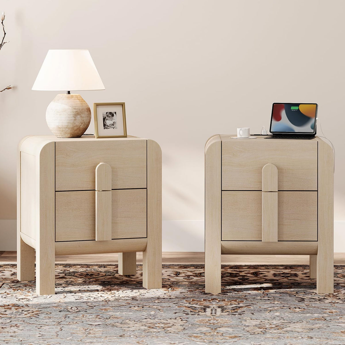 WAMPAT 23.7" Tall Beige Nightstands Set of 2, Modern Mid Century End Table with Charging Station, Wood Bedside Table w/2 Storage Drawers, Side Table Bedside Cabinet for Bedroom,Living Room，Beige