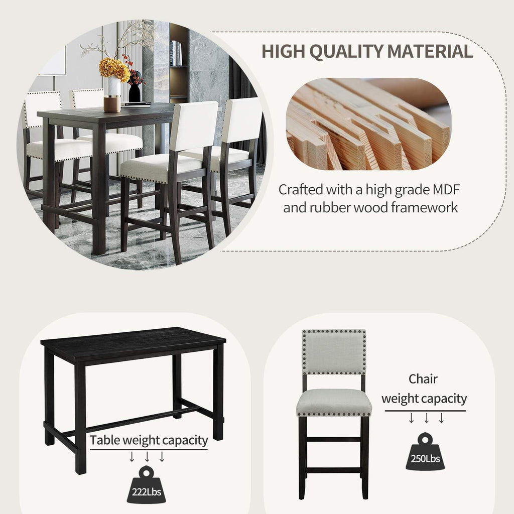 Merax 5 Pieces Counter Height Dining Set, Elegant Wooden Desk and 4 Upholstered Chairs, Perfect for Kitchen, Breakfast Nook, Bar, Living Room