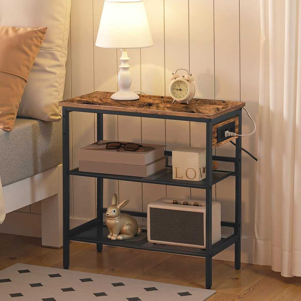 HOOBRO End Table, 3-Tier Narrow Side Table with Charging Station, Nightstand with 2 Flat or Slant Adjustable Shelves for Small Spaces, Living Room, Bedroom, Rustic Brown and Black BF23UBZ01G1