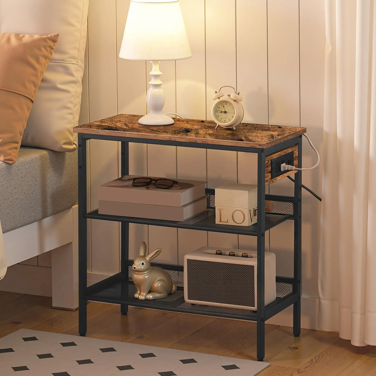 HOOBRO End Table, 3-Tier Narrow Side Table with Charging Station, Nightstand with 2 Flat or Slant Adjustable Shelves for Small Spaces, Living Room, Bedroom, Rustic Brown and Black BF23UBZ01G1