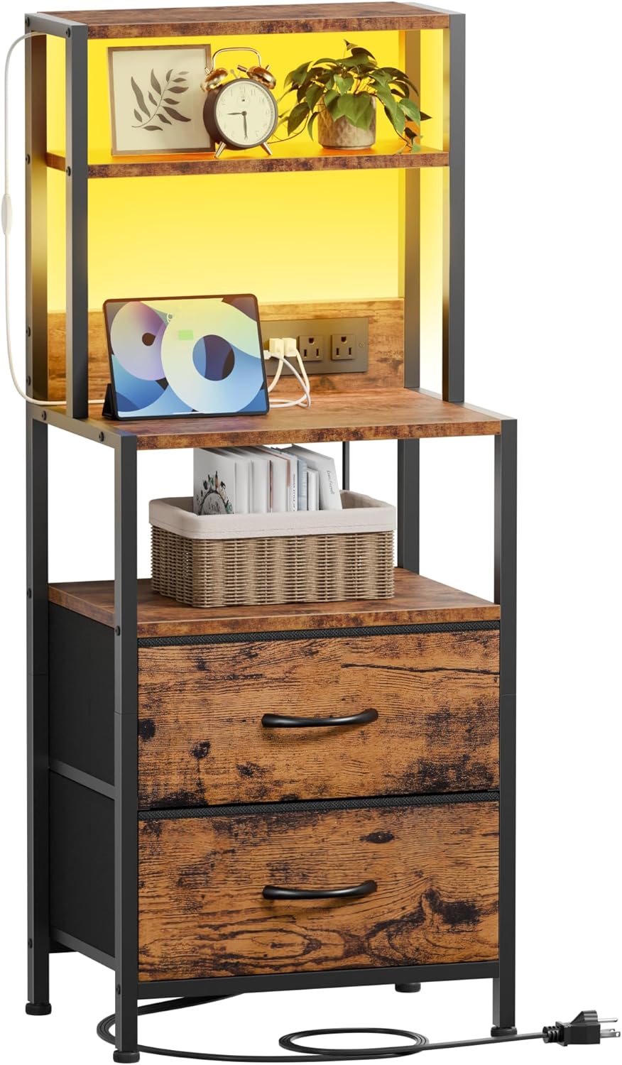 Furnulem Night Stand, Tall Nightstand with 4-Tier Shelves, 2 Fabric Drawers | RGB LED Lights, Bed Side & End Tables with Charging Station, Bedside Table for Bedroom, Office, Dorm Rustic Brown