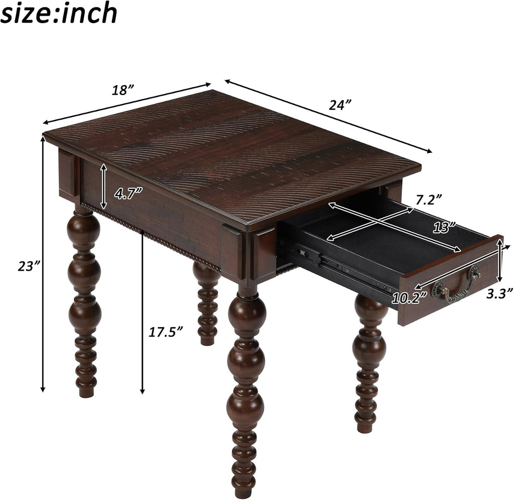 Retro Wooden Side End Table Vintage Nightstand Bedside Table with 1 Storage Drawer & Solid Wood Legs for Living Room Bedroom, No Assembly, Espresso