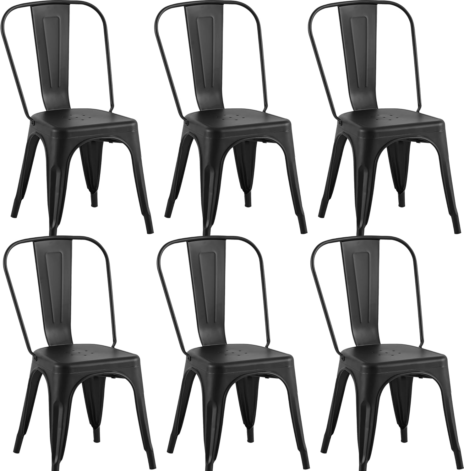 Metal Dining Chairs with Backrest, Stackable, Matte Black, 6 Pack | Easy Assembly, Non-Slip Feet, 330 lb Capacity, Kitchen, Restaurant, Cafe, Pub, Covered Patio