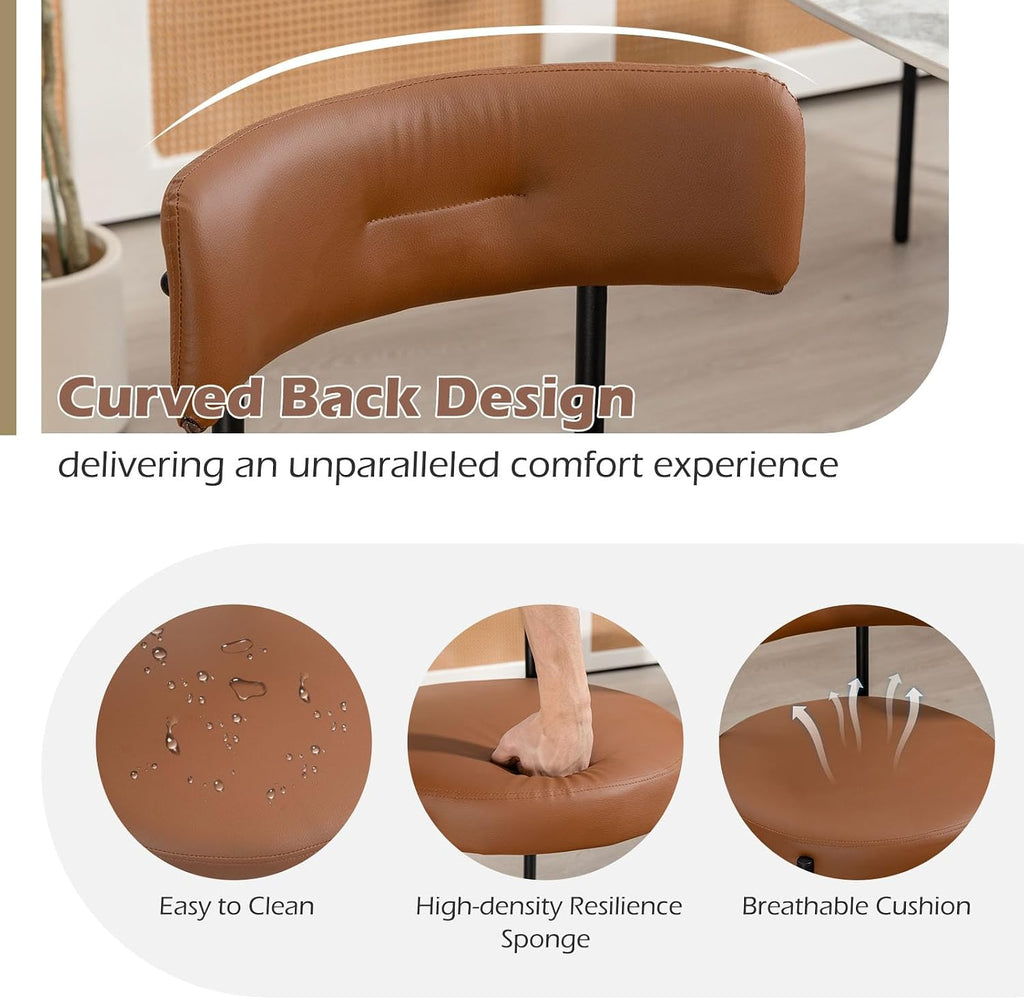 AVAWING Brown Faux Leather Dining Chairs Set of 4, Modern Kitchen Chairs with Black Metal Legs and Curved Backrest, Round Dining Room Chairs for Dining Room and Kitchen