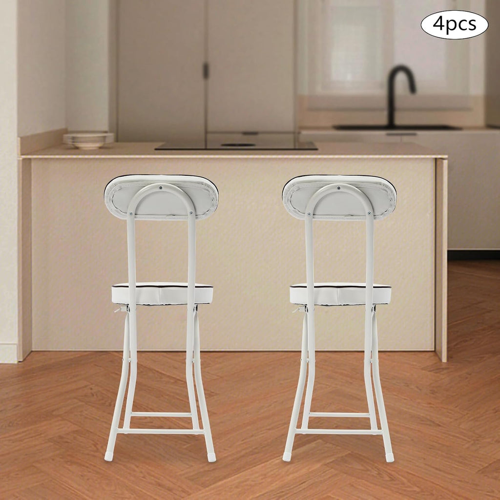 Foldable Chair 4pcs Steel High Portable Folding Indoor Counter Bar Stool Cushioned Padded Stools Seating with Backrest for Kitchen Island Shop Cafe Workshop, Studio- Load 275lbs (White)