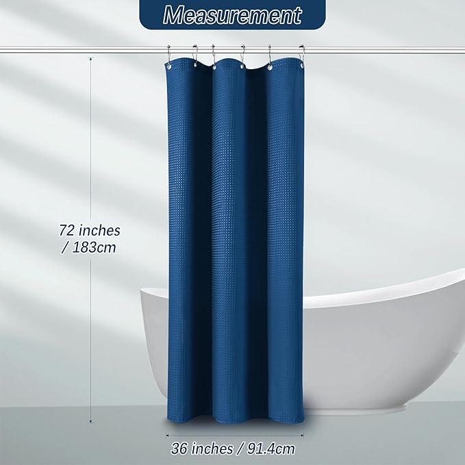Classic Blue Stall Fabric Shower Curtain - Water Repellent Waffle Textured 256GSM Heavy Duty Cloth Shower Curtains for Bath Tubs, Narrow Hotel Quality Bath Curtain Set with 6 Hooks, 36Wx72H