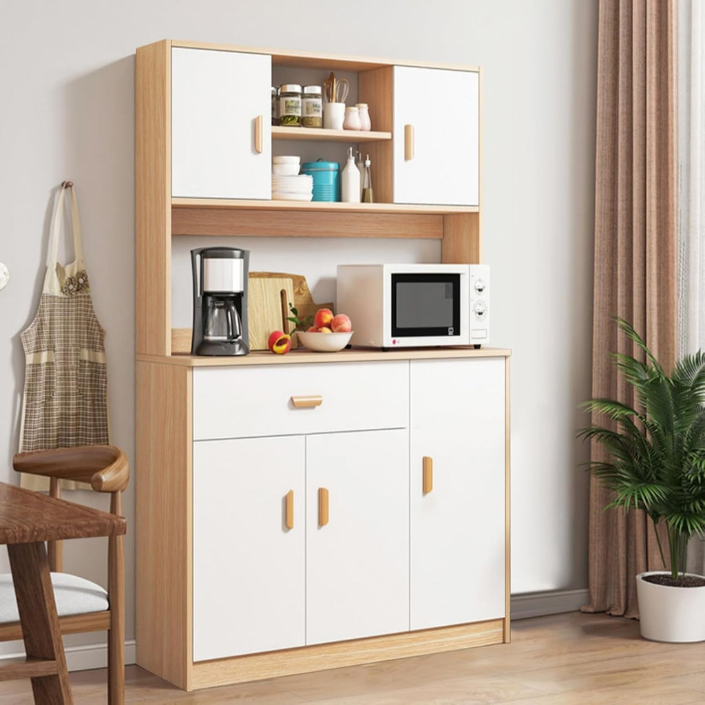 Freestanding Kitchen Pantry Cabinet, Hutch Cabinet with Storage, Tall Sideboard Buffet Cabinet with Doors and Shelves, Microwave Shelf, Wooden Coffee Bar Cabinet for Living Room, Dining Room
