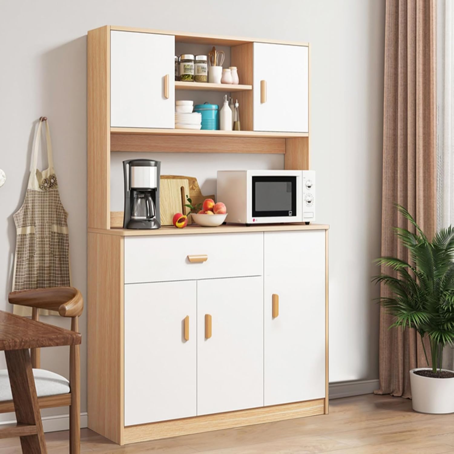 Freestanding Kitchen Pantry Cabinet, Hutch Cabinet with Storage, Tall Sideboard Buffet Cabinet with Doors and Shelves, Microwave Shelf, Wooden Coffee Bar Cabinet for Living Room, Dining Room