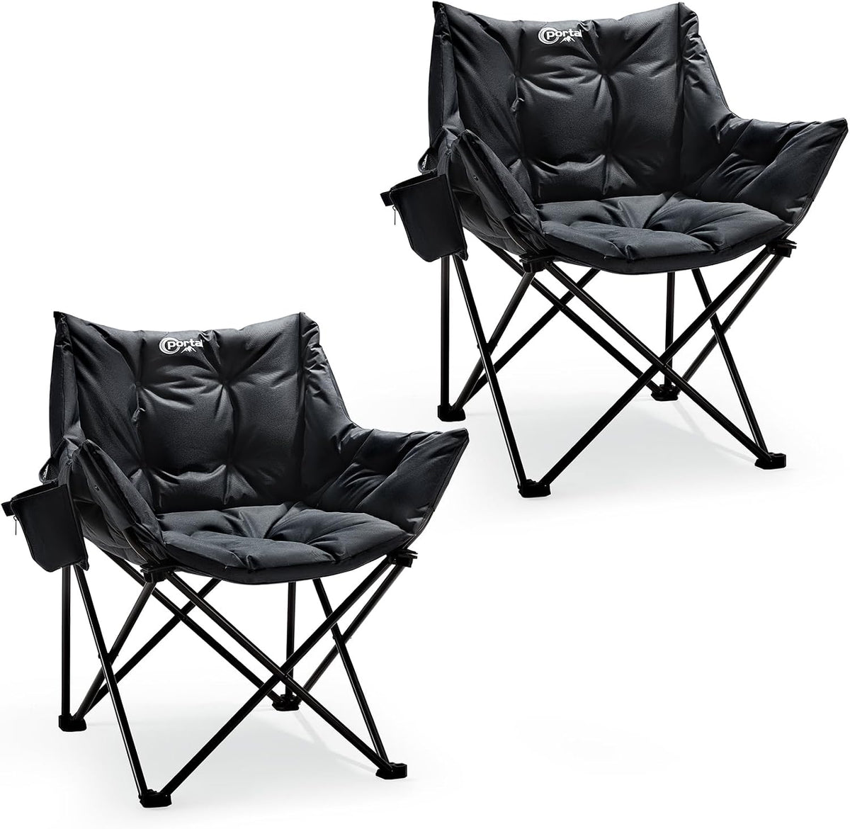 Portal 33" Oversized 2 Pack Padded Camping Chair - Heavy Duty Folding Chair with Cup Holder & Side Pocket, Supports 350 lbs, for Camping, Lawn, Sports, Black