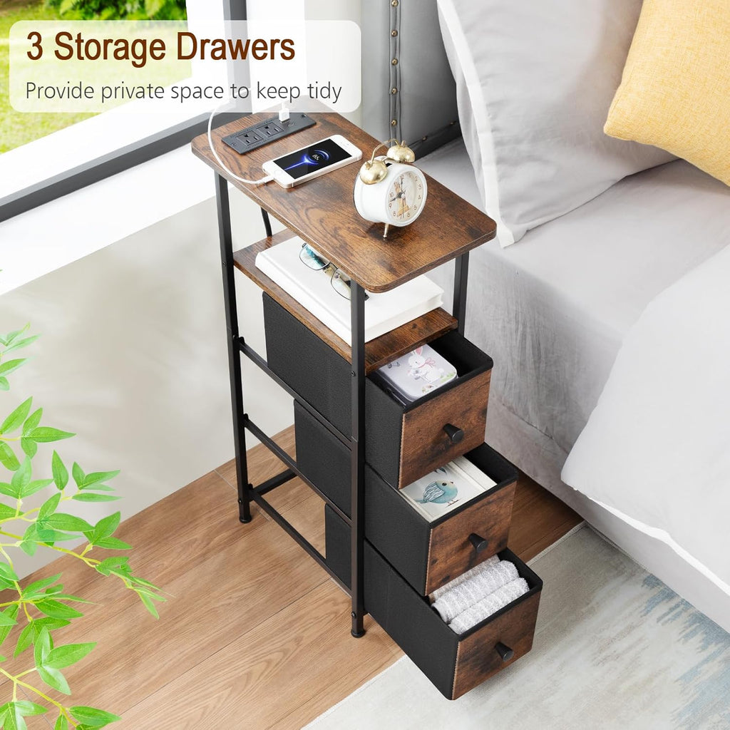 LOAKEKEL Narrow End Tables Living Room Set of 2 with Charging Station, Skinny Side Table with Fabric Drawers, Slim Nightstand for Bedroom, Small Spaces, Couch, Brown, HETNDP03BR