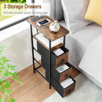 LOAKEKEL Narrow End Tables Living Room Set of 2 with Charging Station, Skinny Side Table with Fabric Drawers, Slim Nightstand for Bedroom, Small Spaces, Couch, Brown, HETNDP03BR