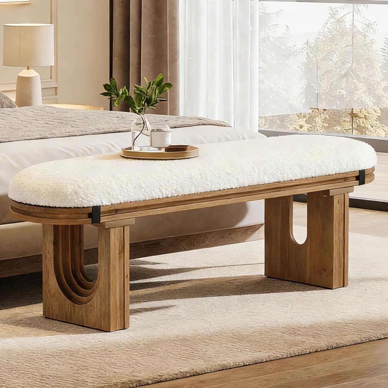 LITTLE TREE Solid Wood Bench, 47.24" End of Bed Bench, Entryway Bench with Upholstered for Hallway, Living Room, Bedroom, Kitchen