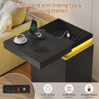 ADORNEVE Black Night Stand with Drawers and LED Lights | Bedside Table with Charging Station,Large Nightstand with Sliding Top,Modern End Side Table for Bedroom