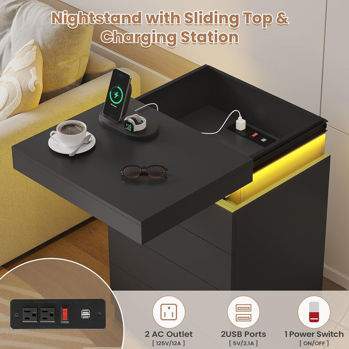 ADORNEVE Black Night Stand with Drawers and LED Lights | Bedside Table with Charging Station,Large Nightstand with Sliding Top,Modern End Side Table for Bedroom