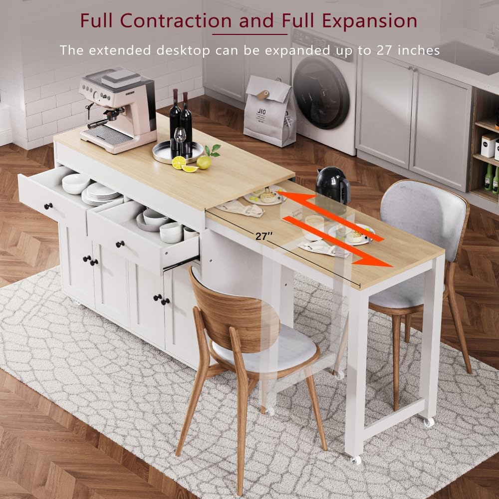 ZOEDO K&K 74.5 Inch Kitchen Island with Extendable Dining Table, Rolling Kitchen Island on Wheels with Spice Rack and 2 Drawers, 4 Door Cabinet, for Kitchen, Dining Room, White (One Package)