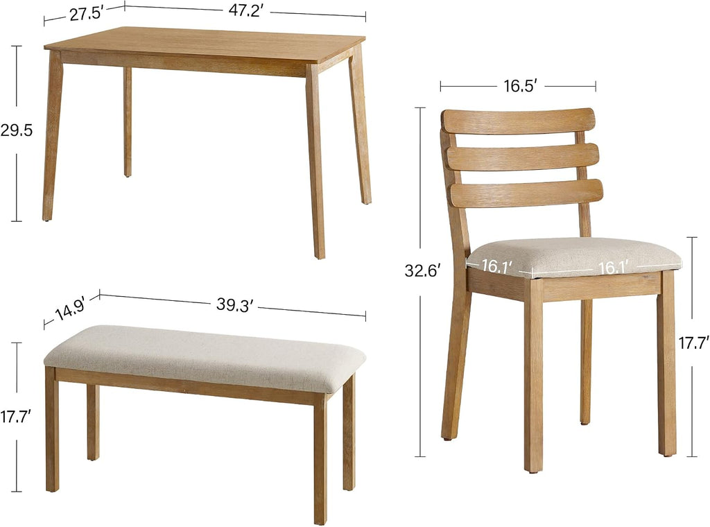 Farmhouse Dining Table Set for 4, Wooden Kitchen Table & Solid Wood Chairs | 4 Upholstered Chairs, Modern Rectangular Dining Room Table and Chairs for Kitchen, Small Spaces, Rubberwood Legs, 5-Piece