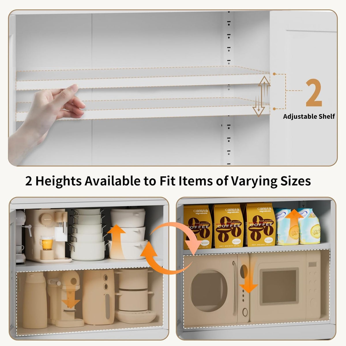 White Steel Kitchen Pantry Storage Cabinet with Large Countertop, Adjustable Shelves, Drawers & Hooks, Heavy-Duty White Cabinet for Kitchen Living Room Bathroom, 30.3x15.7x70.9 Inches