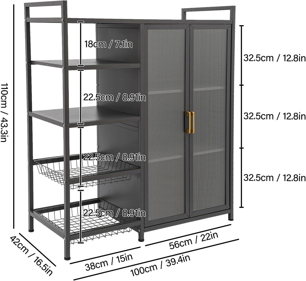 Kitchen Pantry Cabinet with Clear Doors, Metal Sideboard with Open Storage Shelf and Baskets Floor-Standing Organizer for Dining Room Living Room Bar